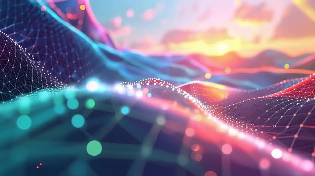Abstract Networked Topography: A mesmerizing digital rendering of a network topography, featuring luminous nodes interconnected across undulating terrain.