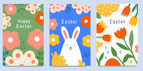 Colorful easter illustrations with flowers bunnies and festive greetings © Dibyendu