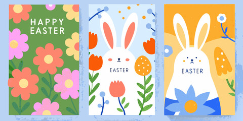 Three colorful easter banners with flowers rabbits and festive greetings © Dibyendu