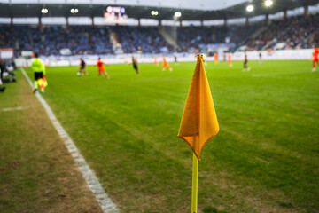 Yellow corner flag on a green grass soccer pitch with a blurred view of a professional stadium and crowd in the background. © Dziurek