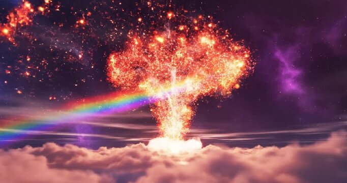 A vibrant explosion of colors in the sky, featuring a rainbow and cosmic elements amidst clouds