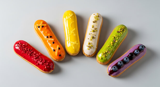 Colorful gourmet French eclairs arranged in fan pattern on gray background, flat lay