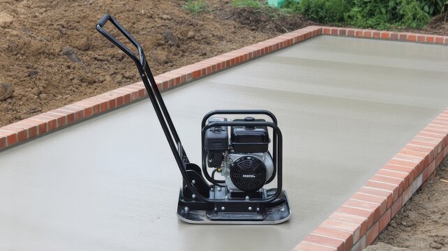 Plate compactor on a newly poured concrete driveway with brick edging
