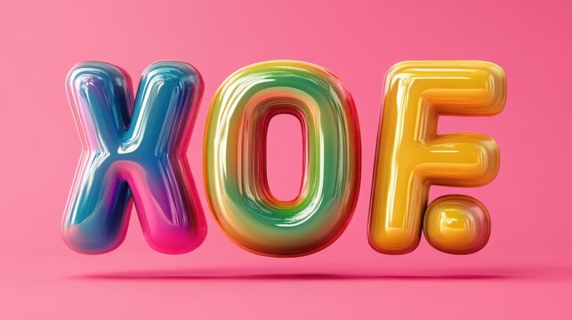 Vibrant glossy three-dimensional letters X O F burst with rainbow colors against a cheerful pink backdrop.