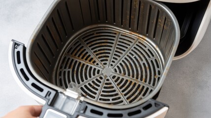 Fototapeta premium Dirty air fryer basket with grease residue