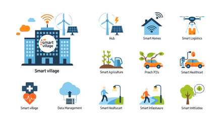 Obraz premium Smart Village Icons: Technology, Innovation, and Sustainable Living Concepts