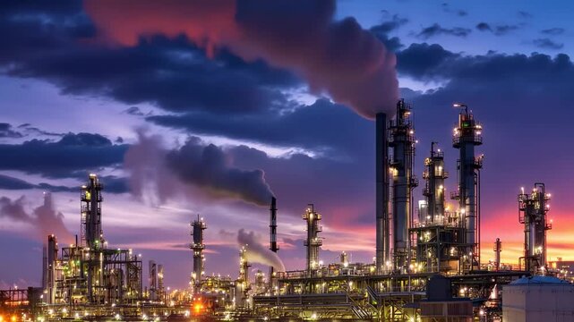 Wide view of a petrochemical plant at dusk with vibrant colors lighting up the sky and smoke rising from tall chimneys