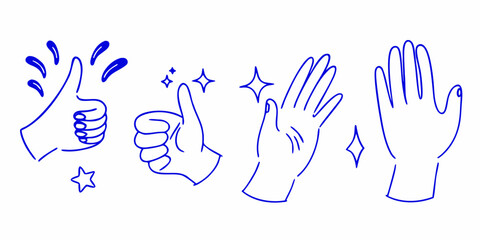 Fototapeta premium Various hand gestures are illustrated in a simple blue line drawing style