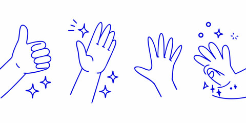 Fototapeta premium Simple blue line drawings depicting various hand gestures and sparkling effects