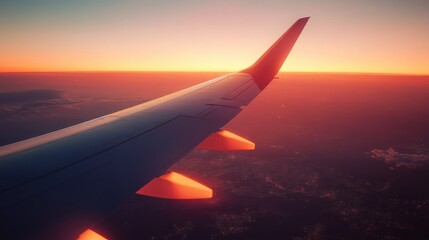 Obraz premium Airplane wing view during a breathtaking sunset flight over illuminated city lights offering a serene travel experience