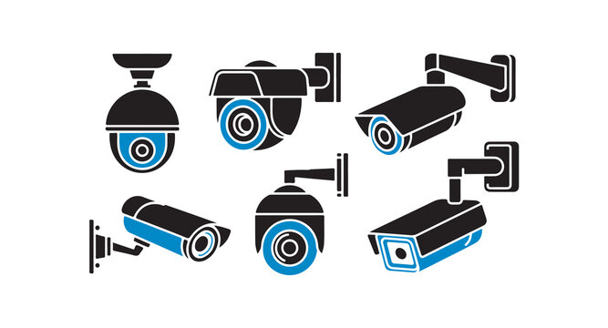Surveillance camera icons in black and blue colors for high tech security and monitoring systems