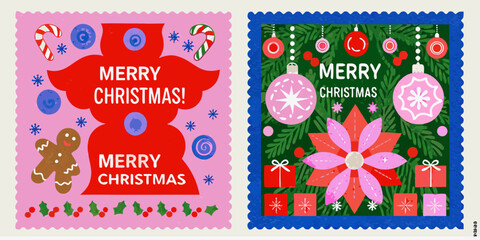 Festive christmas postage stamps with holiday decorations and greetings © Bebdas