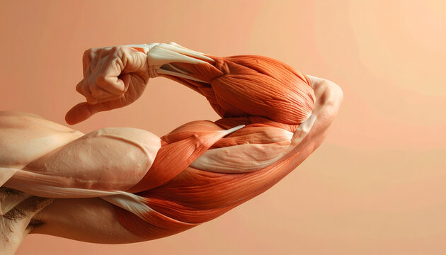 Human arm muscle anatomy in flexed position.