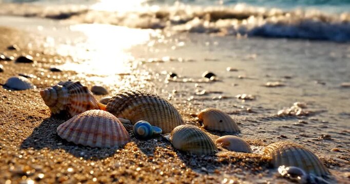 Scenic seascape featuring a collection of seashells on the sandy beach at sunset