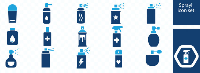 A collection of blue spray bottle and aerosol can icons depicts various stages of spraying and container designs high quality professional detailed modern