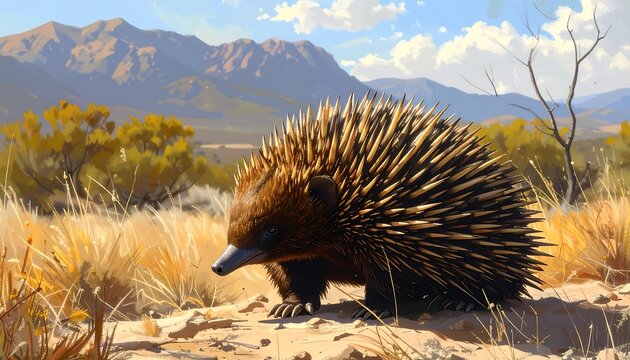 Echidna in the Australian Outback: A Detailed Illustration of Native Wildlife
