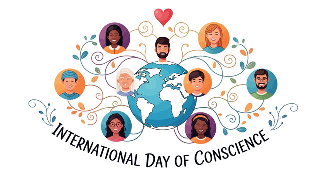 Illustration of a globe surrounded by diverse people and decorative elements, promoting global conscience awareness and peace on International Day of Conscience with a colorful and symbolic