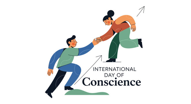 Illustration of two people holding hands with arrows pointing upwards, symbolizing global conscience awareness and peace on International Day of Conscience.