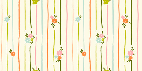 Seamless pattern with freehand ink doodle abstract yellow flowers. Trendy floral vertical stripe background. Hand drawn vector illustration. Boho, cottage core, retro wallpaper. © Radiocat