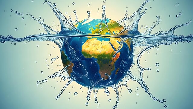 Vibrant earth globe submerged in water with splashing droplets