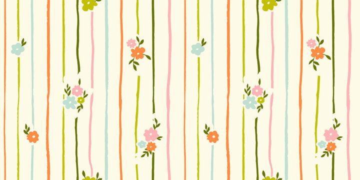 Seamless pattern with freehand ink doodle abstract yellow flowers. Trendy floral vertical stripe background. Hand drawn vector illustration. Boho, cottage core, retro wallpaper.