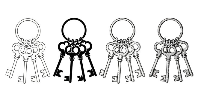 Set of vintage skeleton keys on a ring in various styles outline, solid black, and shaded gray, perfect for design elements related to access, mystery, and security concepts