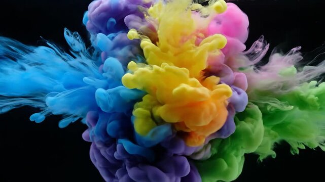 Colorful Ink Smoke Explosion in Water Blue Yellow Pink Green Vibrant Abstract Art Background