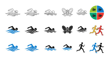 Fototapeta premium Dynamic vector icon collection portraying swimmers in motion, elegant butterflies, and athletic runners, ideal for sports, fitness, and nature-inspired design elements