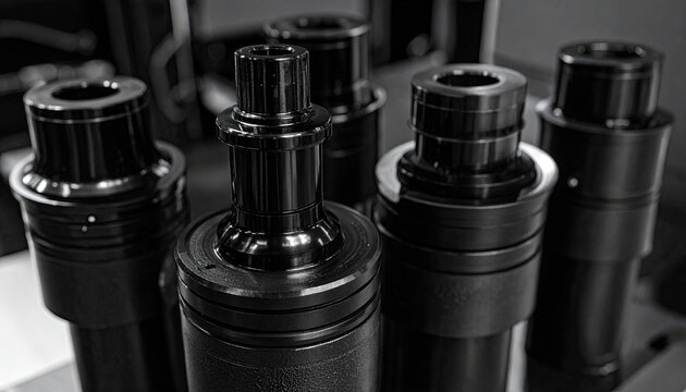 Black pistons or actuators as part of pneumatic or hydraulic machine. Technology and engineering