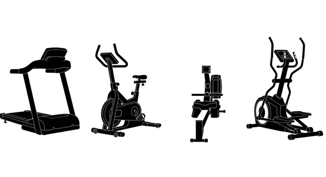 Set of four different exercise machines, including a treadmill, stationary bike, rowing machine, and elliptical, shown in silhouette