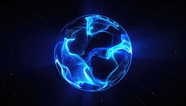 Blue energy magic sphere round high-tech digital iridescent morphing ball of liquid metal with light rays lines and energy particles.