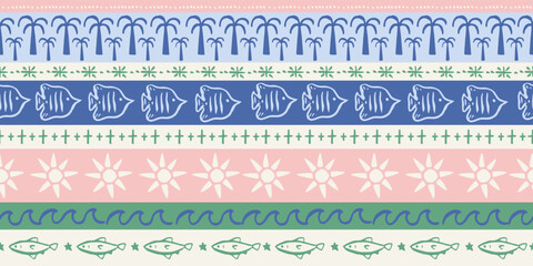 Seamless pattern with freehand ink doodle abstract fishes, palm tree, sun in stripes.Trendy tropical horizontal line background. Hand drawn vector illustration.Boho, coastal beach, jungle wallpaper. © Radiocat