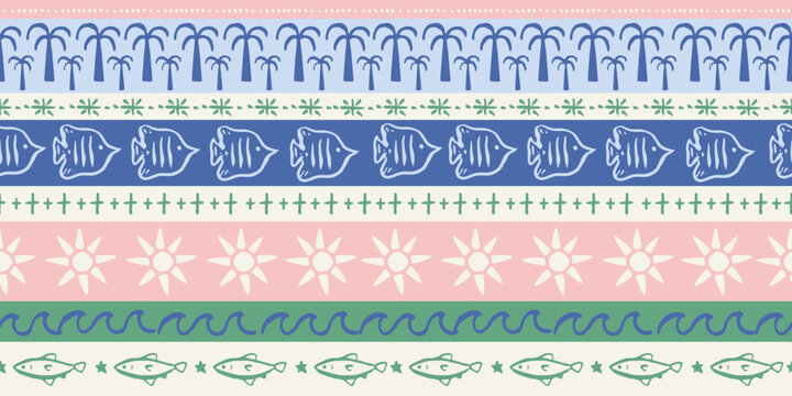 Seamless pattern with freehand ink doodle abstract fishes, palm tree, sun in stripes.Trendy tropical horizontal line background. Hand drawn vector illustration.Boho, coastal beach, jungle wallpaper.