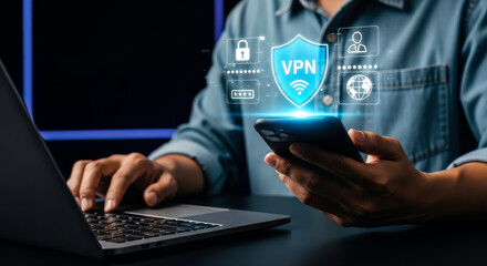Fototapeta premium Person Using Smartphone and Laptop with Virtual Private Network Icons for Secure Online Data Protection