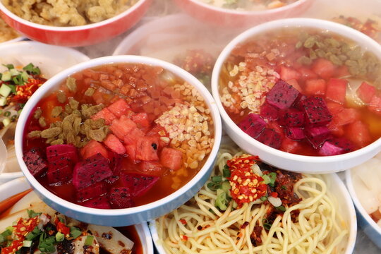Traditional Chinese Ice Jelly Bowls with Dragon Fruit, Watermelon, and Peanuts