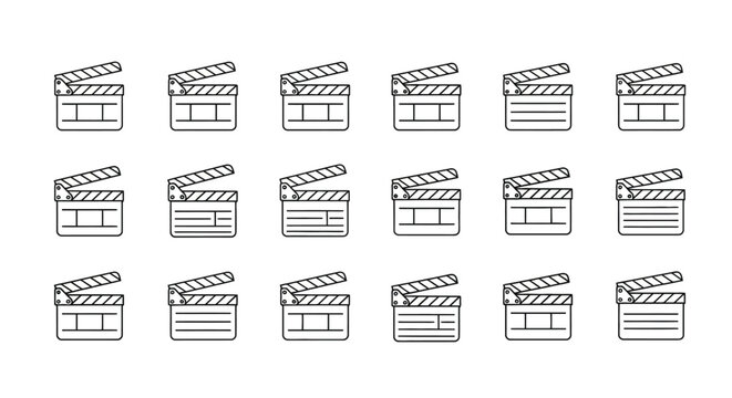 Multiple film clapperboards arranged in a grid pattern line art style
