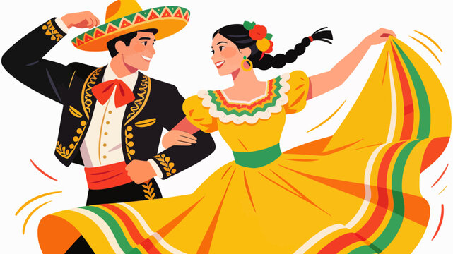 Vibrant Mexican couple in traditional attire dancing joyfully at a festive celebration, embodying cultural heritage and lively spirit