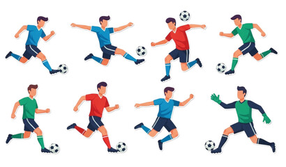 Dynamic soccer player illustration set with kicking running jumping and goalkeeping poses for football energy design © MstRuna