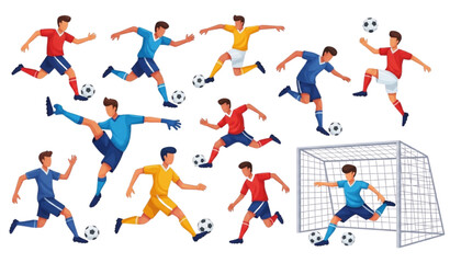 Colorful soccer player cartoon collection with dynamic running kicking jumping and goalkeeping football poses © MstRuna
