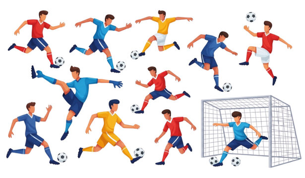 Colorful soccer player cartoon collection with dynamic running kicking jumping and goalkeeping football poses