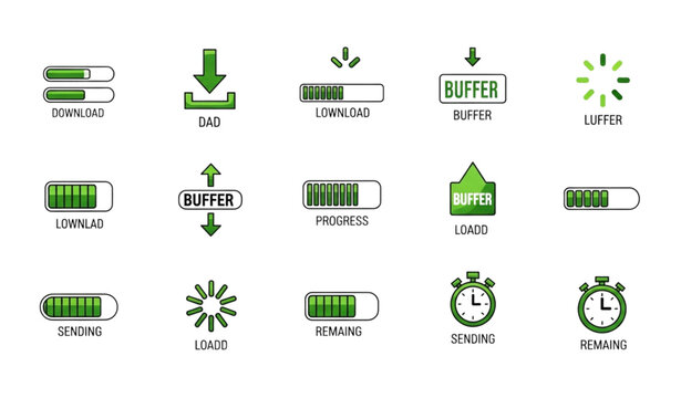 Green loading and progress bar UI icon set with download upload buffer and time indicators for web and app design