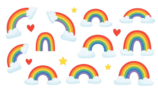 Colorful cartoon rainbow stripes icons with clouds hearts and stars for kids collage and creative art design