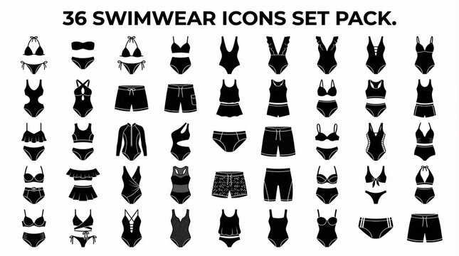 Grid of 36 black swimwear silhouettes: bikinis, one-pieces, tankinis, trunks, board shorts, rash guards, clean vector icon style.