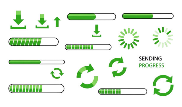Dynamic green progress loader icon collection with download upload sending buffer indicators for UI and system design