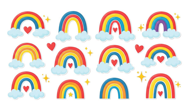 Playful cartoon rainbow stripes collection with clouds hearts and stars for kids art and paper collage designs