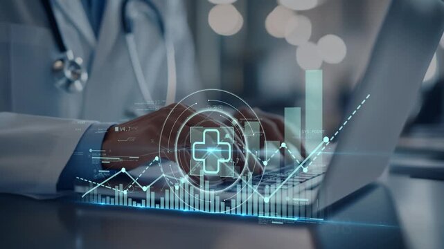 Doctor using laptop as medical icon and rising stock market graph appear, representing healthcare investments, medical innovation and financial growth in the pharmaceutical sector