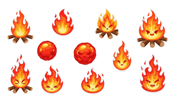 Colorful cartoon flame collection with fireballs campfires and burning icons for game assets and creative design