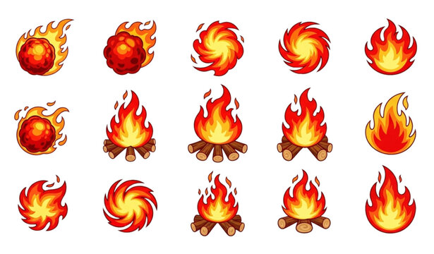 Cartoon fire elements set with flames fireballs bonfire and campfire icons for game design and energy effects