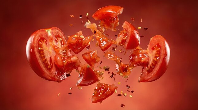 Exploding tomato with seeds and juice in a dynamic splash.