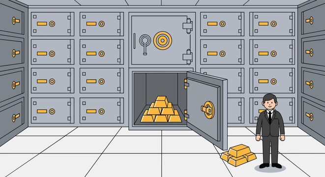 Businessman in a formal suit stands next to an open high-security bank vault containing stacks of shiny gold bullion bars.